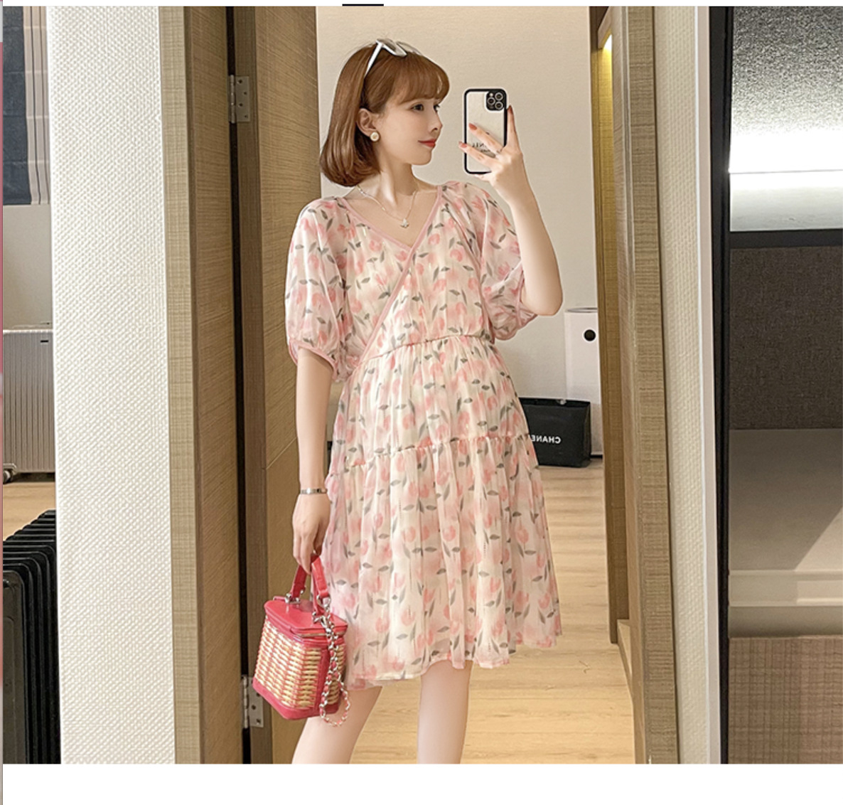 เดรสคลุมท้องแฟชั่นเกาหลี ผ้าชีฟอง ลายสวย เนื้อละเอียด เนื้อดี เปิดให้นมได้ น่ารักสดใสมากค่ะ M L XL XXL