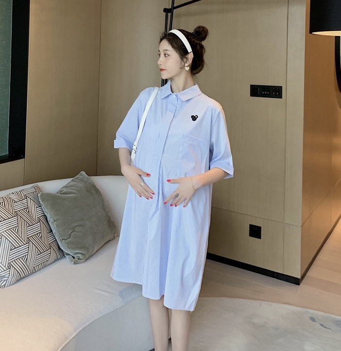 เดรสคลุมท้องแฟชั่น คอปก แขน3ส่วน กระดุมแกะให้นมได้ มีกระเป๋าหน้า เนื้อผ้าใส่สบาย M L XL XXL