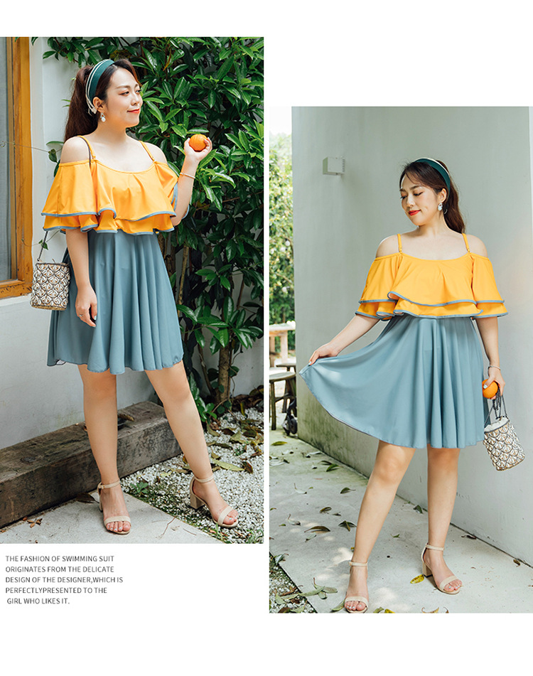 ชุดว่ายน้ำคนอ้วน 5xl ชุดเที่ยวทะเลพร้อมส่ง :ชุดว่ายน้ำไซส์ใหญ่แฟชั่นสีเหลืองเทาแต่งระบาย มีกางเกงขาสั้นใส่ด้านในแบบสวย น่ารักมากๆจ้า:รอบอก40-48นิ้ว เอว36-46นิ้ว สะโพก40-52นิ้ว