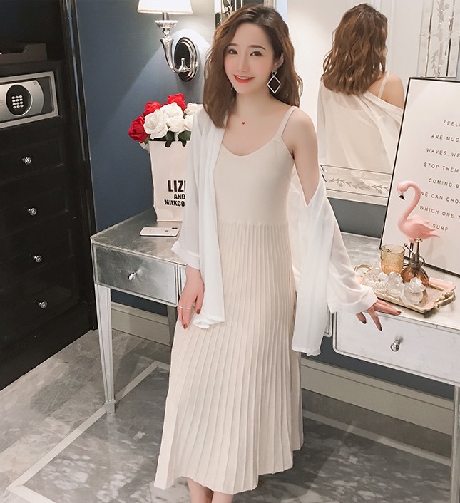 เดรสคลุมท้องแฟชั่นพร้อมเสื้อคลุม ผ้ายืดเนื้อนิ่ม ผ้าทิ้งตัว ทำลายด้านล่าง