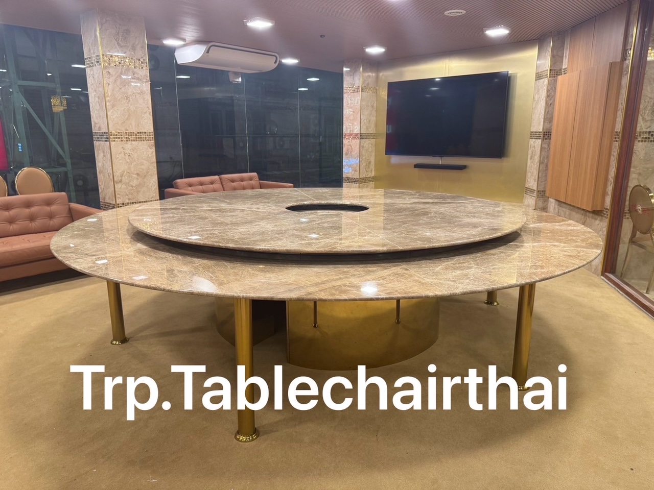 Trp.ทีอาร์พี Round Table 圆桌会议 餐桌 中式餐桌 配有旋转镜组 โต๊ะกลมหินอ่อน 340 ซม. 20 ที่นั่ง จานหมุน 260 ซม.พร้อม Lazysusan เลซี่ซูซาน จานหมุน ระบบหมุนด้วยไฟฟ้าแบตเตอรี่แบบชาร์ท มีรีโมทกดเดินหน้า ถอยหลัง เร่งหมุนเร็วหรือช้าได้