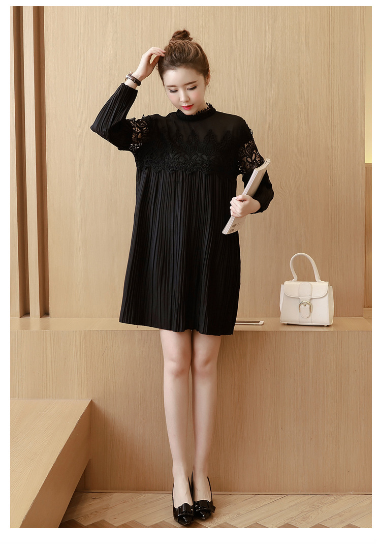 เดรสคลุมท้อง ลูกไม้ดำ แขนยาว ด้านบนซีทรู M,L,XL,XXL