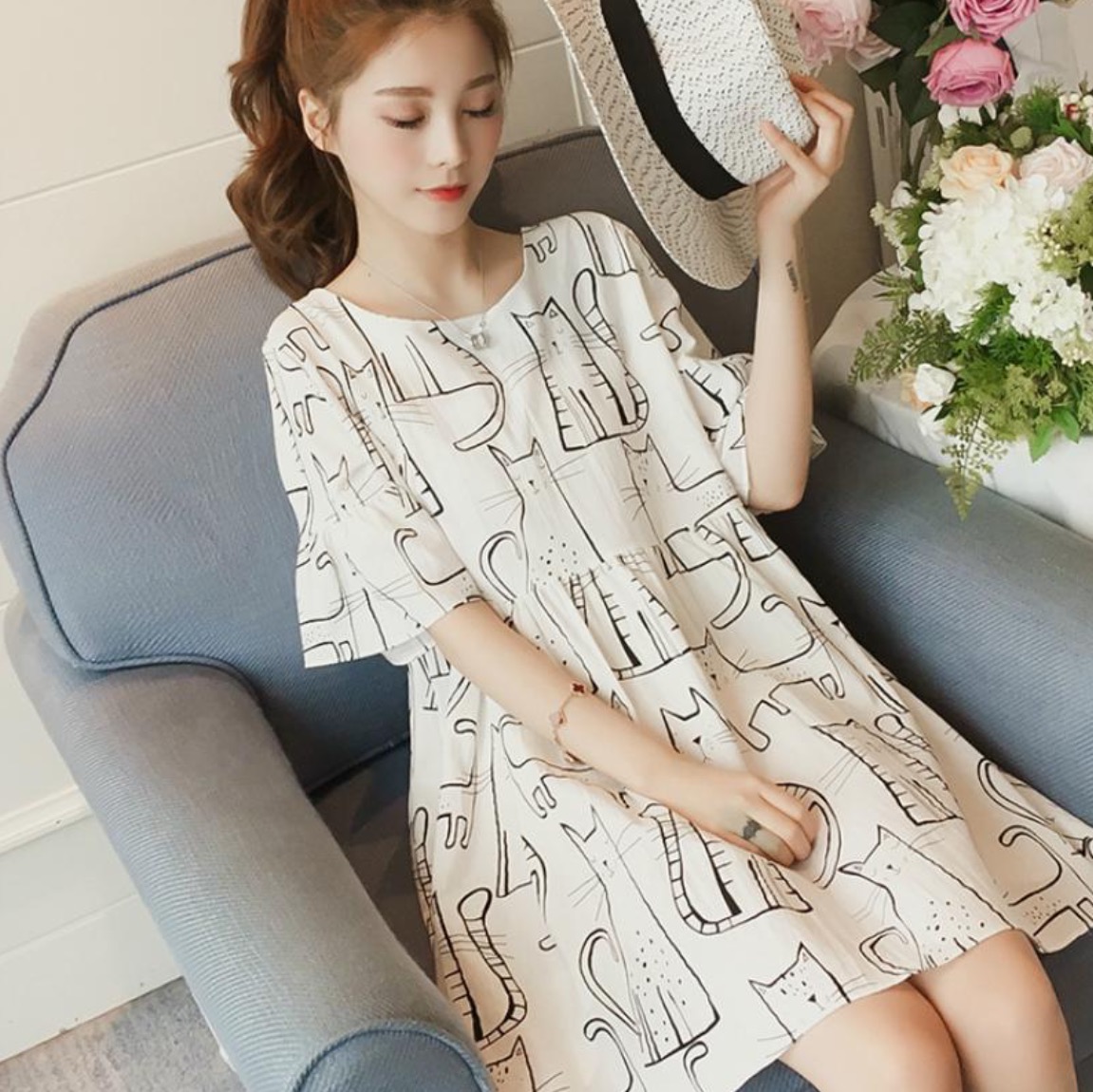 เดรสคลุมท้องแฟชั่นสไตล์เกาหลี ผ้าcotton ลายแมว แขนระบาย ผูกโบว์น่ารักมาก M L XL,XXL