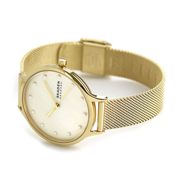 Skagen SKW2774 นาฬิกาผู้หญิง Anita Mother-of-Pearl Gold-Tone Steel-Mesh Quartz Women's Watch