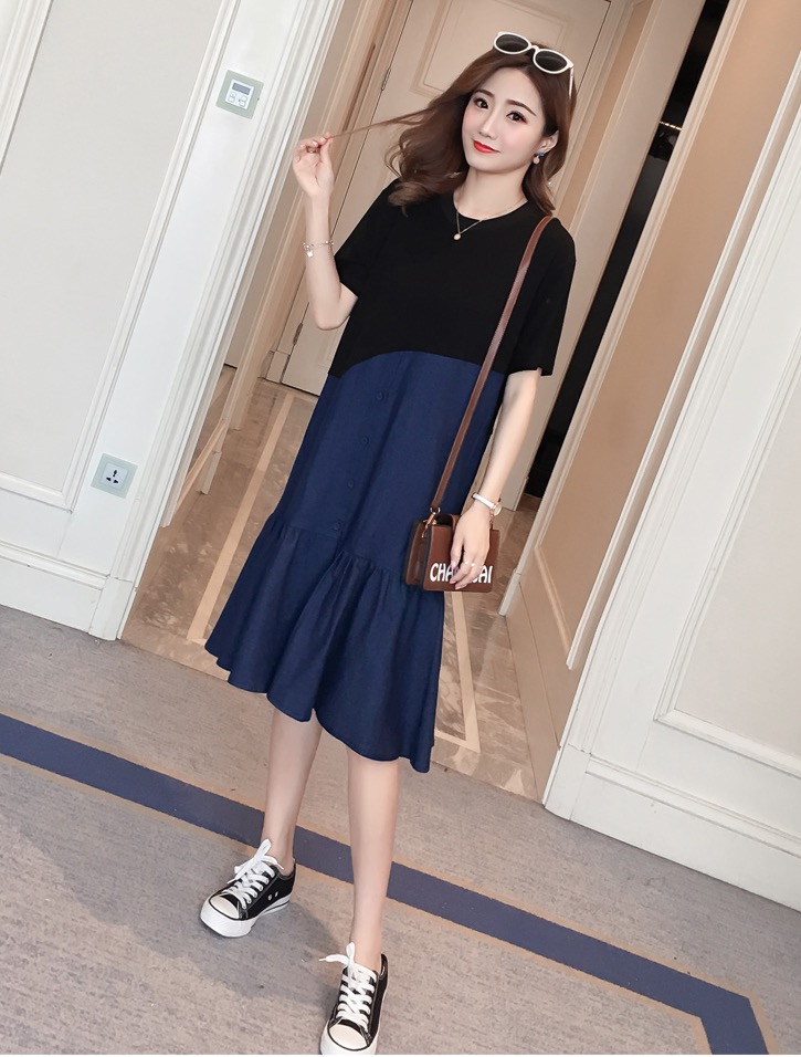 ชุดคลุมท้องเดรส ช่วงบนเป็นผ้ายืดนิ่ม ด้านล่างเป็นผ้ายีนส์ ปลายทำระบาย ใส่สบายสุดๆ M L XL XXL