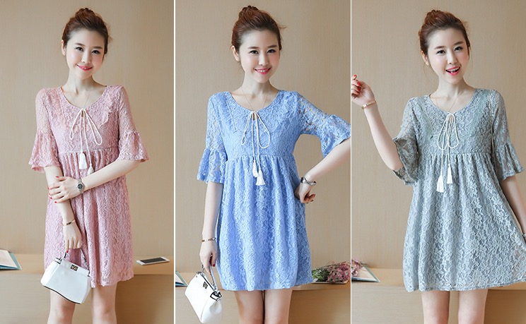 ชุดคลุมท้องเปิดให้นม ลูกไม้ มีเชือกช่วงคอ แขนระบายมีเชือกผูกหลังปรับขนาดครรภ์ M,L,XL,XXL