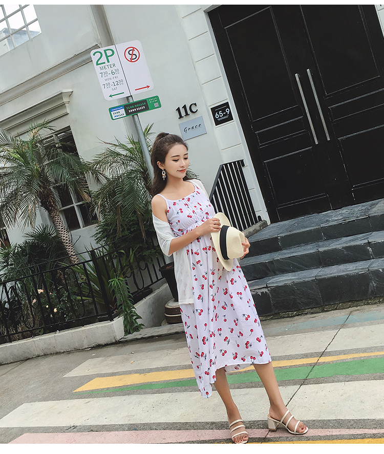 ชุดคลุมท้องสายเดี่ยวมาพร้อมเสื้อคลุม ชุดผ้าฝ้ายลายเชอรี่น่ารัก M L XL XXL