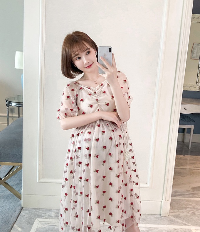 เดรสคลุมท้องแฟชั่นเกาหลี ผ้าตาข่าย ปักลายดอกไม้ ทรงระบาย ชุดสวยหรู M L XL XXL