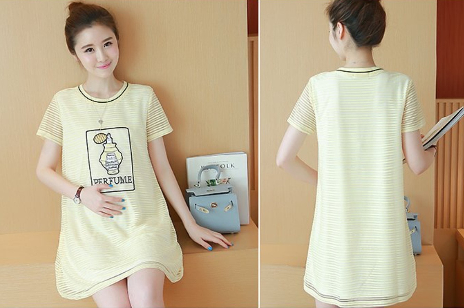 เดรสคลุมท้องสไตล์เกาหลี ผ้าไหมแก้ว ลายน่ารัก มีซับในทั้งชุด M,L,XL,XXL