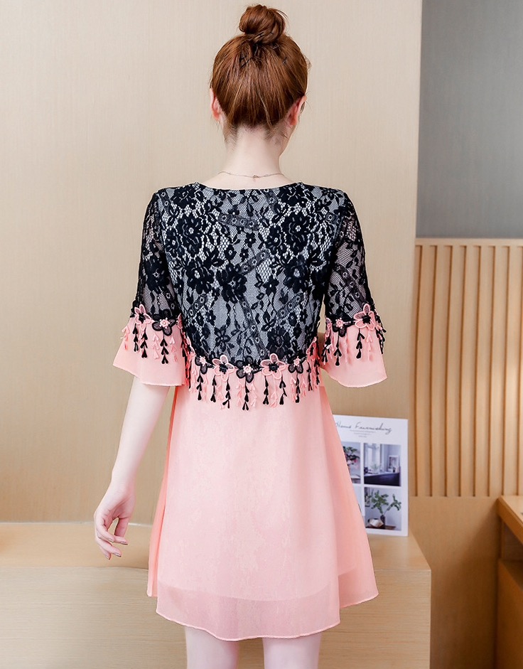 เดรสคลุมท้อง แบบน่ารัก ผ้าชีฟอง ด้านบนเป็นผ้าลูกไม้ มีซับใน M L XL,XXL