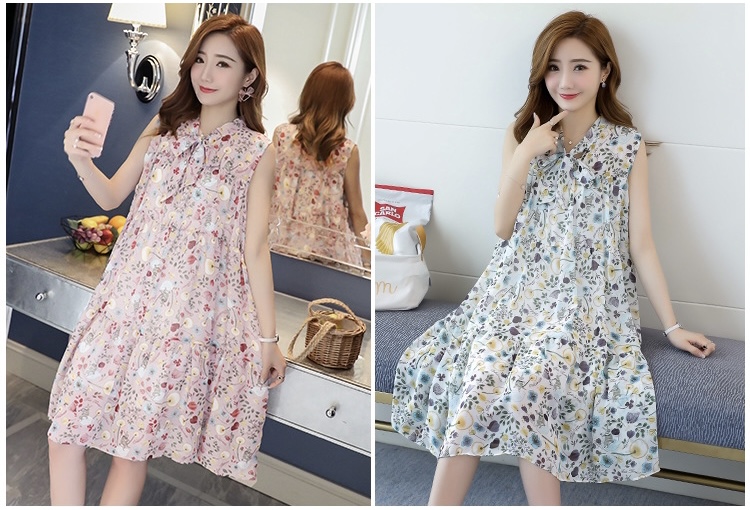 เดรสคลุมท้องแฟชั่นเกาหลี ผ้าชีฟอง แขนกุด มีซับใน ลายน่ารัก M L XL XXL