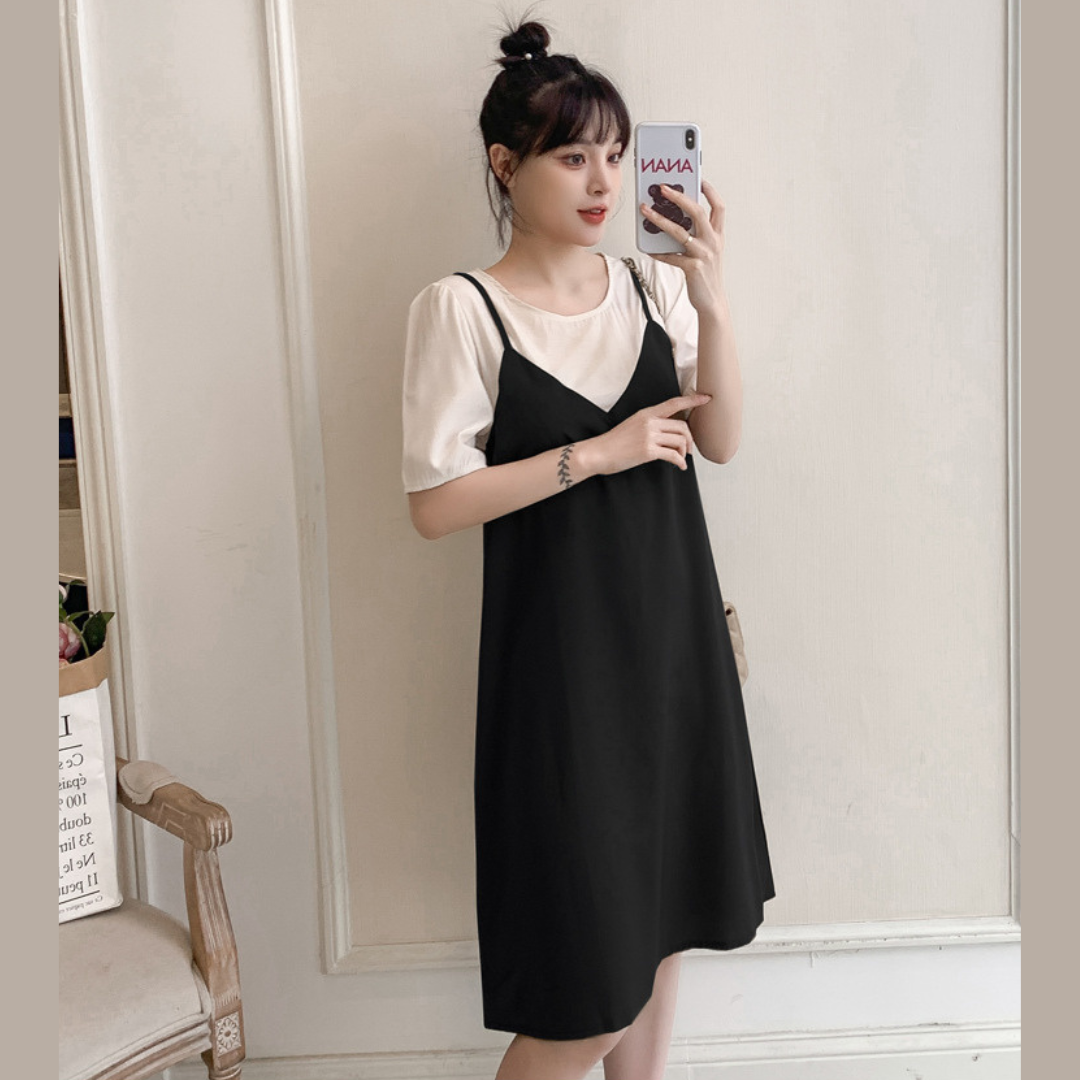 เดรสคลุมท้องแฟชั่น เอี๊ยมหลอก ผ้าชีฟอง เนื้อนิ่ม สวยเรียบ ดูดีทุกโอกาส น่ารัก ใส่สบายมากค่ะ M L XL XXL