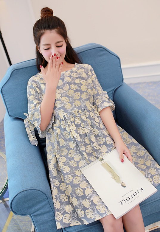 ชุดคลุมท้องเปิดให้นม ลายใบไม้ ผ้าฝ้ายเนื้อดี เปิดให้นมแนวนอน แขนผูกโบว์น่ารัก M,L,XL,XXL