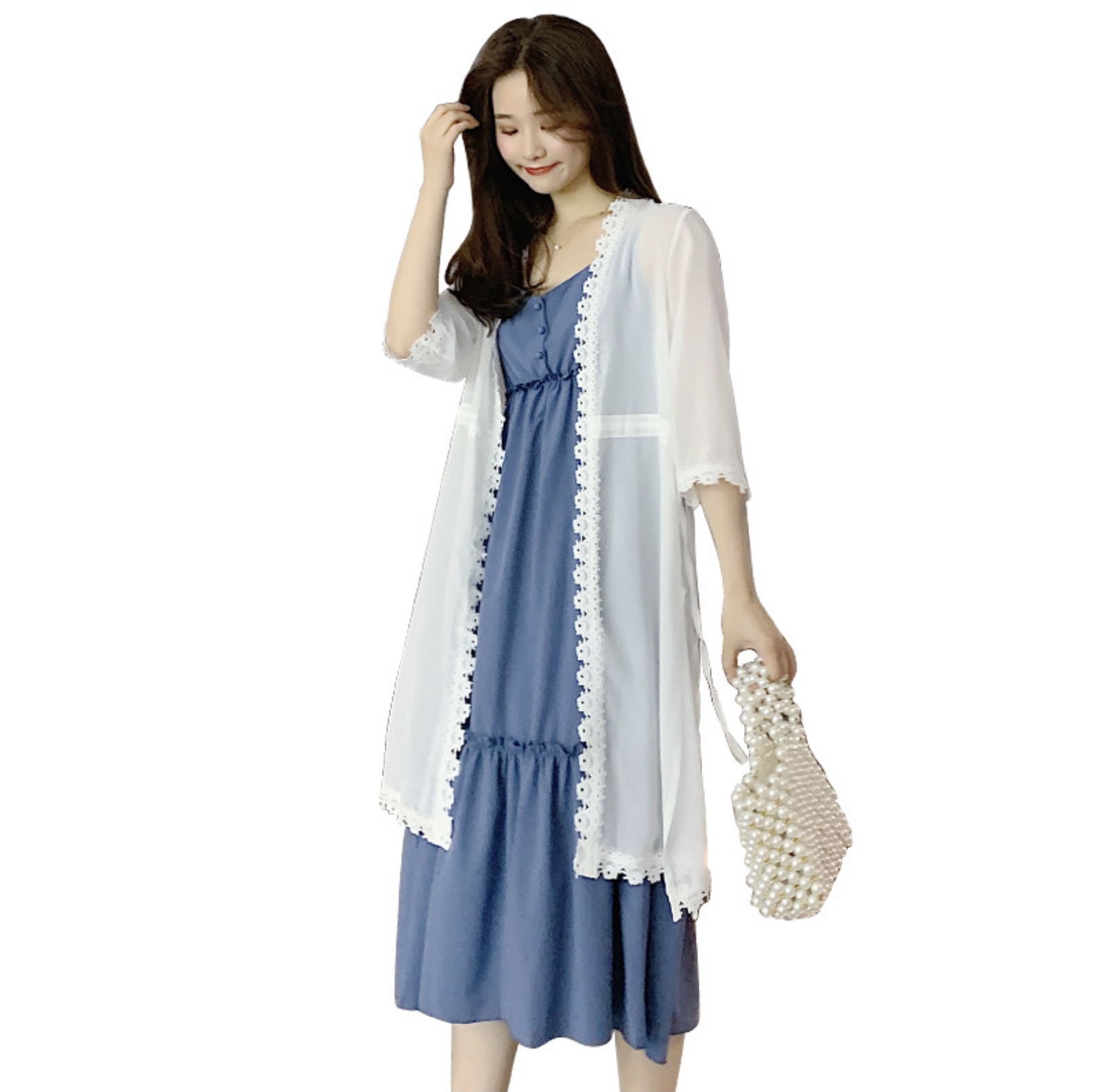 เดรสคลุมท้องแฟชั่น ผ้าชีฟอง สายเดี่ยว มาพร้อมเสื้อคลุมยาว ผ้าเนื้อนิ่ม น่ารักมาก M L XL XXL