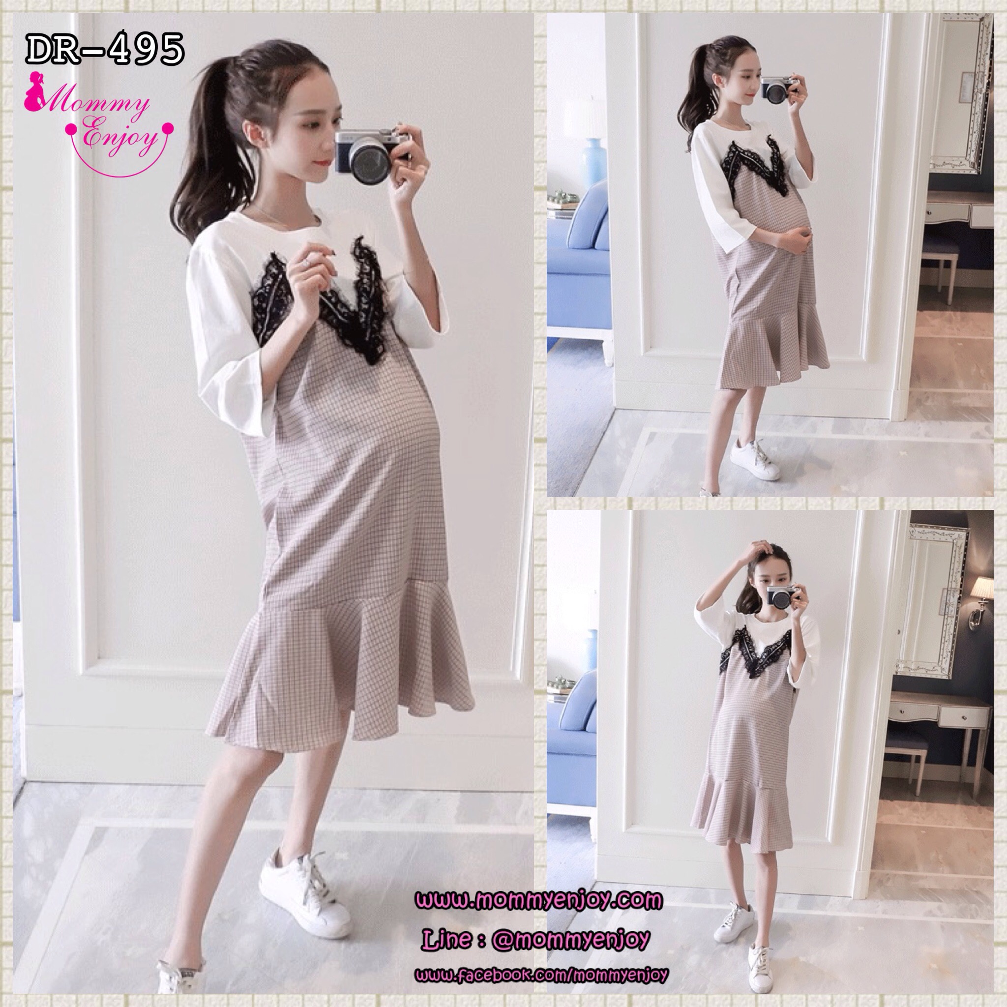 เดรสคลุมท้องแฟชั่น แขน4ส่วน ประดับลูกไม้ที่ช่วงอก ด้านล่างลายสก๊อต ปลายระบาย น่ารักมาก M L XL XXL