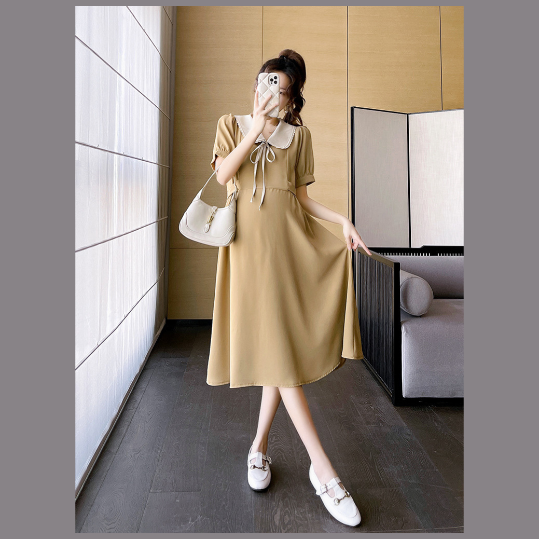 ชุดคลุมท้องแฟชั่นเกาหลี ผ้าชีฟองแขนตุ๊กตา คอปกแต่งด้วยลูกไม้ มีเชื่อกผูกด้านหลังปรับขนาดครรภ์ได้ ใส่ได้ถึงคลอด ชุดสวยสุภาพ ดูดีมาก M L XL XXL