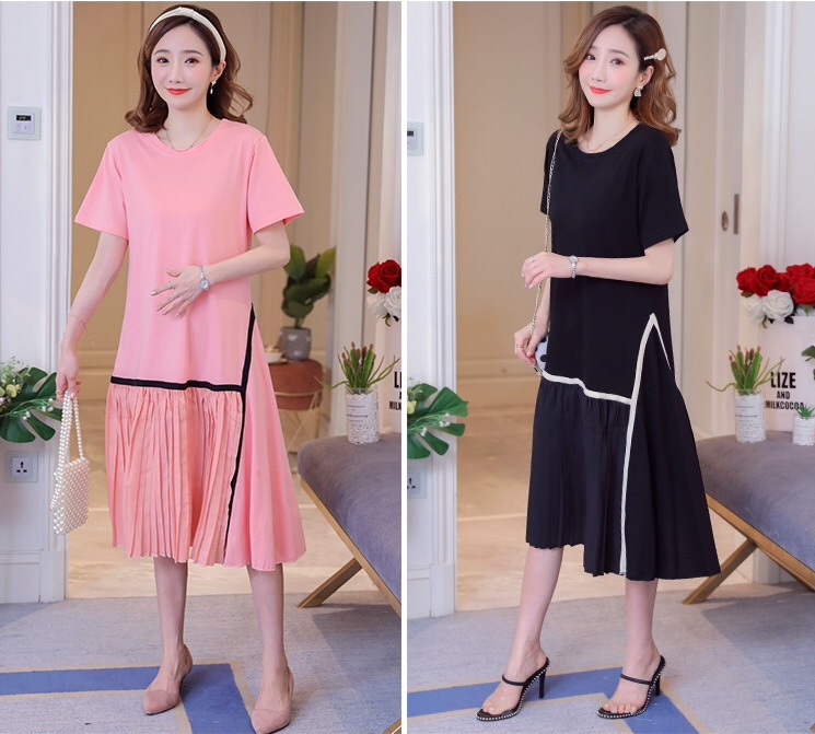 เดรสคลุมท้องแฟชั่น ช่วงบนเป็นผ้ายืดเนื้อนิ่ม ใส่สบาย ช่วงล่างตัดเส้น เป็นชีฟองอัดพรีท M L XL XXL