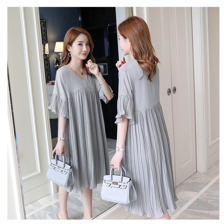 ชุดคลุมท้องแฟชั่นแขนสั้น ระบาย อัดพรีทสวย มีซับในทั้งชุด M L XL XXL 3XL