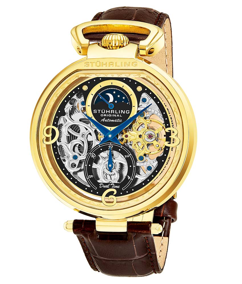 Stuhrling Original 889.02 นาฬิกาผู้ชาย Stuhrling Original รุ่น 889.02, Modena Automatic Dual Time Skeleton brown Genuine Leather Strap Men's Watch