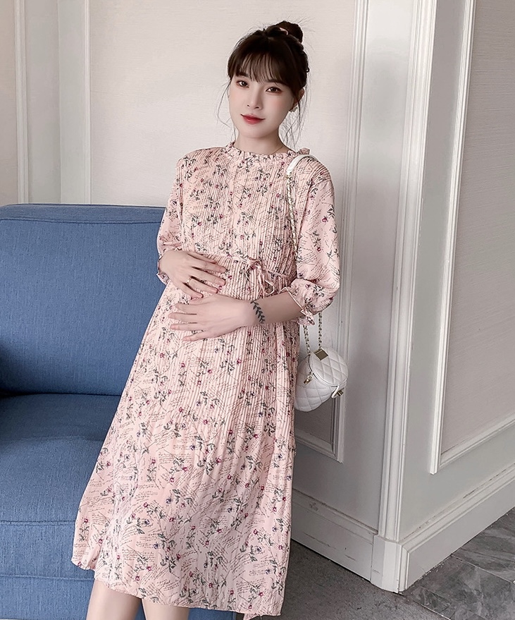 เดรสคลุมท้องแฟชั่น แขนจั้ม3ส่วน ผ้าชีฟองอัดพรีทเล็กช่วงบน สวยมาก มีซับใน มีเชือกผูกอิสระ M L XL XXL