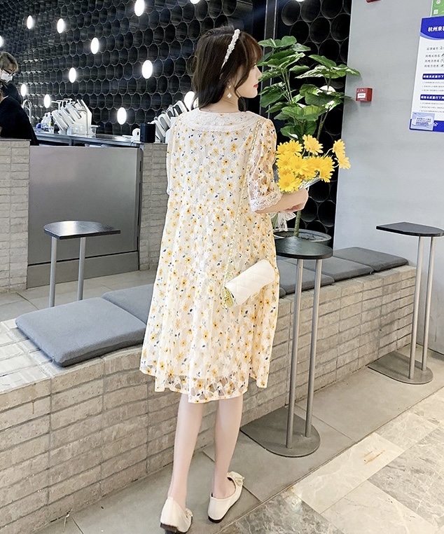 เดรสคลุมท้องแฟชั่น ปกใหญ่ ผ้าลูกไม้มีซับใน ปลายแขนและปก แต่งด้วยลูกไม้ ผ้าสวยใส่สบาย M L XL XXL