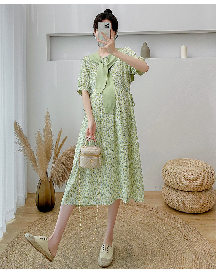 เดรสคลุมท้องแฟชั่น ผ้าชีฟอง พิมลาย ดอกไม้น่ารัก มีซับใน มีเชือกผูกปรับขนาดครรภ์ มีผ้าพันคอให้ด้วย M L XL XXL