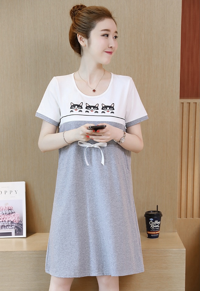 ชุดคลุมท้องเปิดให้นม แขนสั้น ลายแมวเหมียว ปรับขนาดได้ตามอายุครรภ์ M L XL XXL