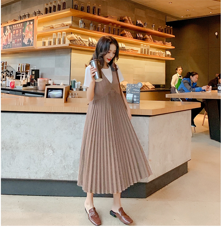 เอี๊ยมกระโปรงคลุมท้องยาว + เสื้อ ผ้ายืดทิ้งตัว ช่วงกระโปรงจีบรอบ M L XL XXL