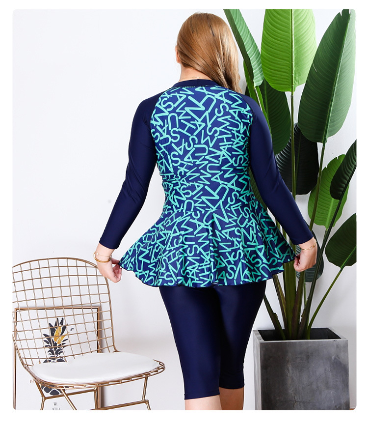 ชุดว่ายน้ำไซส์ใหญ่ ทูพีชพร้อมส่ง :ชุดว่ายน้ำคนอ้วนแขนยาวแบบสปอร์ตสีน้ำเงินแต่งลายกราฟฟิกสีเขียวและระบายชายเสื้อ set 2 ชิ้นมีเสื้อและกางเกงแบบสวยน่ารักมากๆจ้า:รอบอก44-54นิ้ว เอว34-46นิ้ว สะโพก44-56นิ้ว