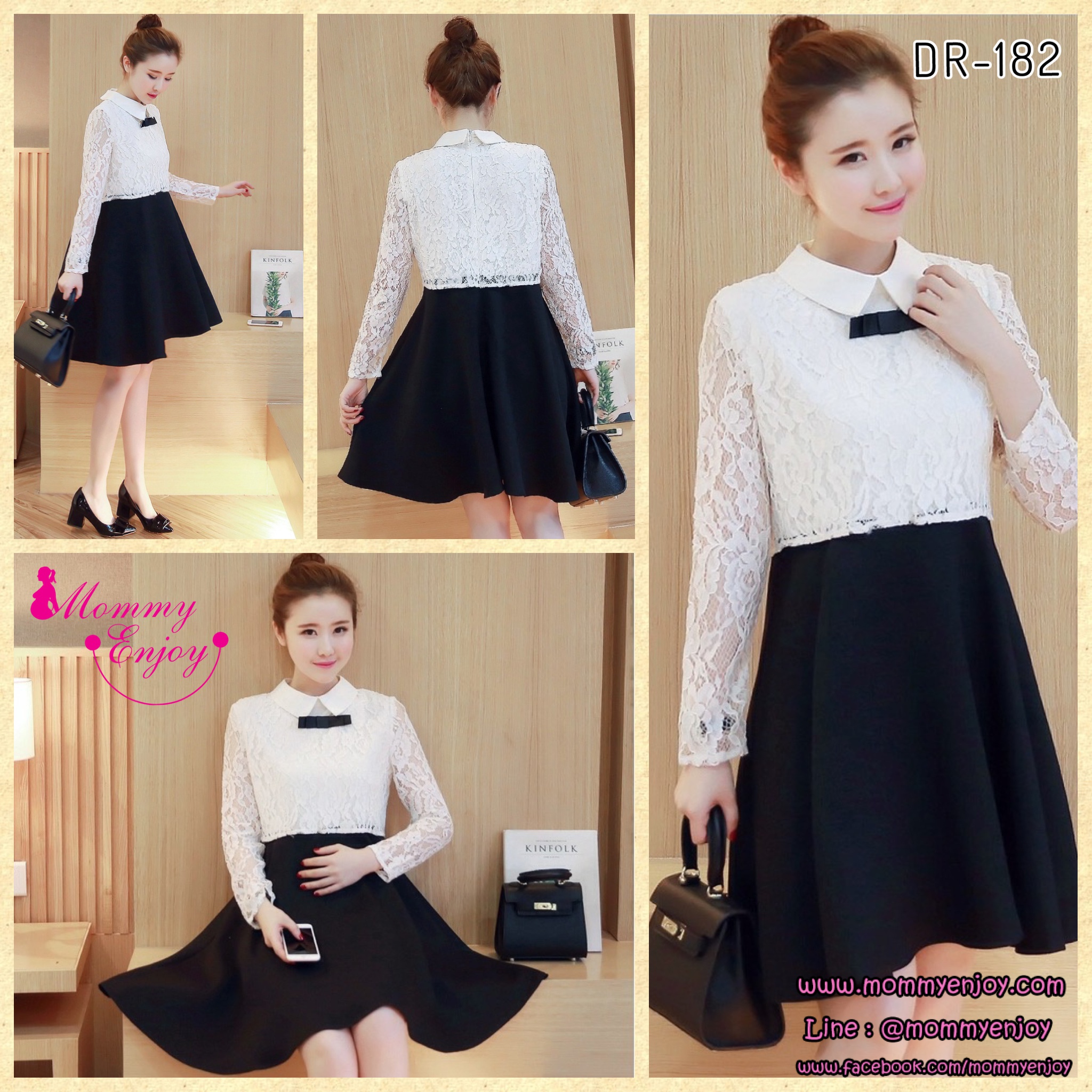 ชุดคลุมท้อง แขนยาวด้านบนเป็นลูกไม้สีขาว โบว์ที่คอ น่ารักเรียบร้อยแบบลงตัว M,L,XL,XXL