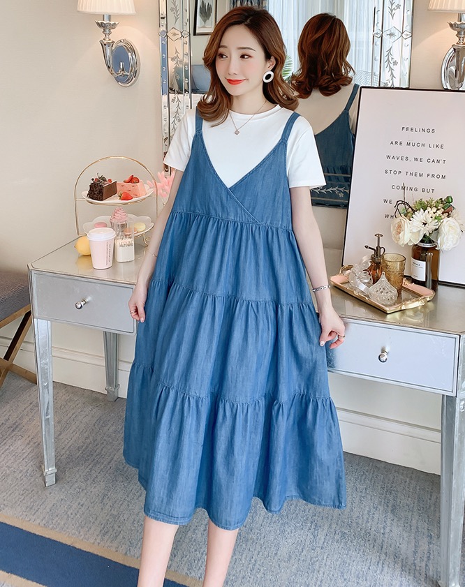 เอี๊ยมกระโปรงคลุมท้องผ้ายีนส์ +เสื้อยืดคอกลม เอี๊ยมยีนส์เนื้อนิ่ม ใส่สบาย ใส่ได้ถึงคลอด M L XL XXL