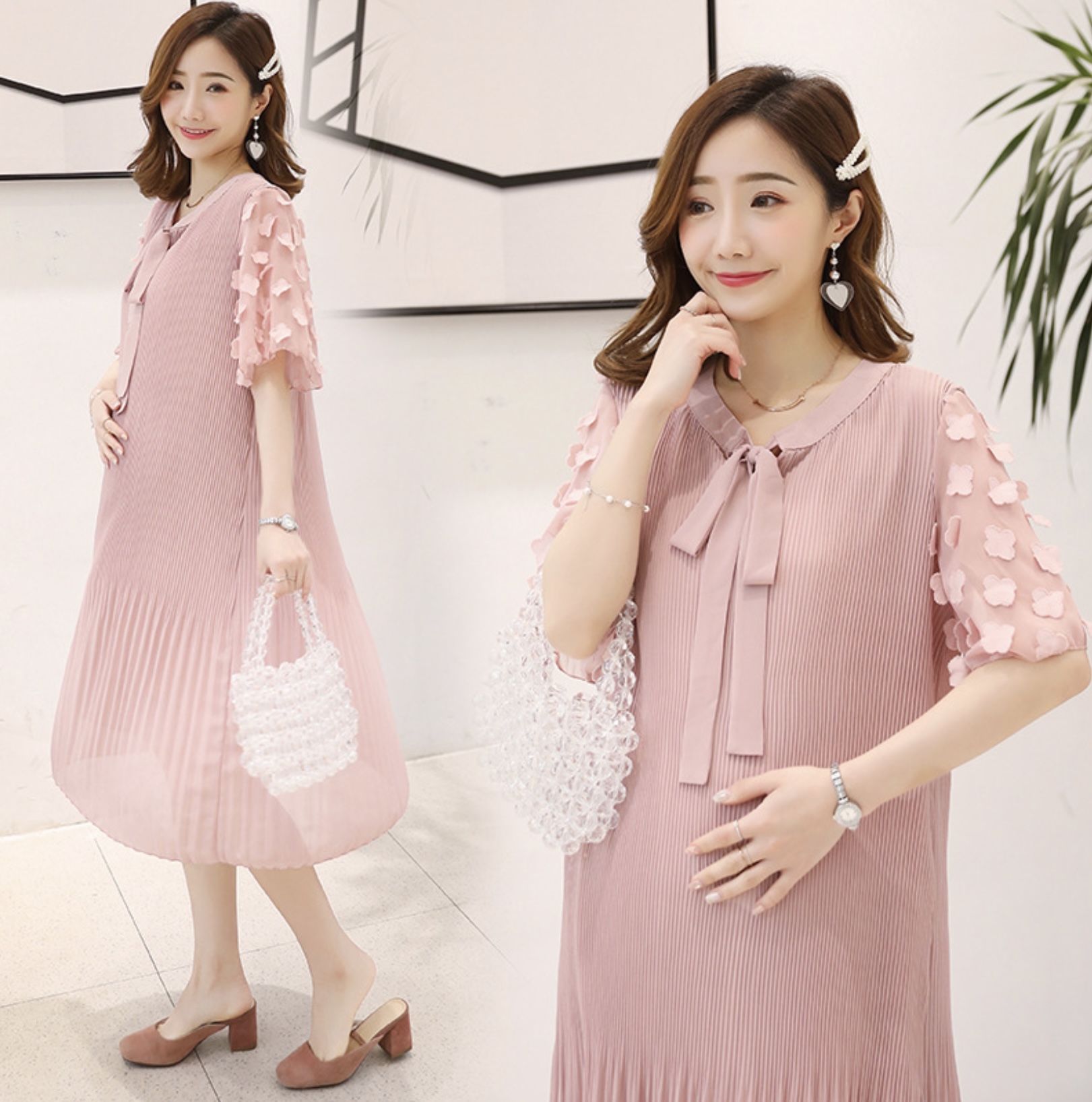 เดรสคลุมท้องแฟชั่น ผ้าชีฟอง พรีท มีซับใน ผูกโบว์ที่คอ น่ารักมากค่ะ M L XL XXL