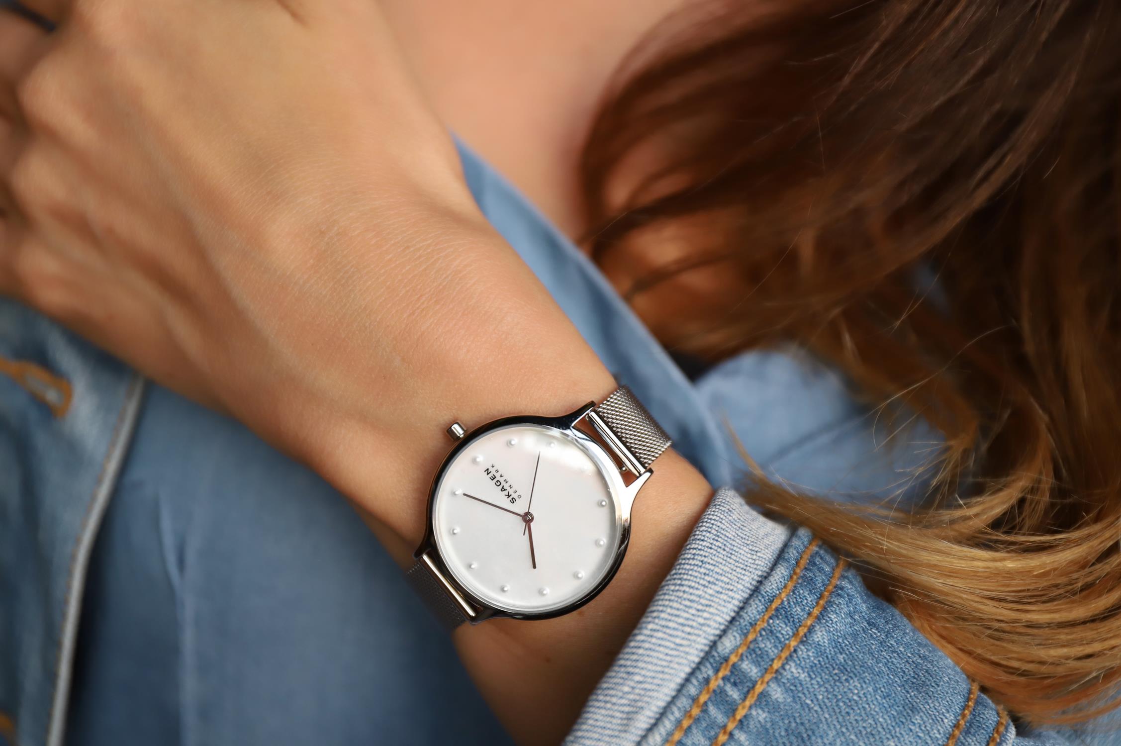 Skagen SKW2775 นาฬิกาผู้หญิง Anita Mother-of-Pearl Silver-Tone Steel-Mesh Quartz Women's Watch
