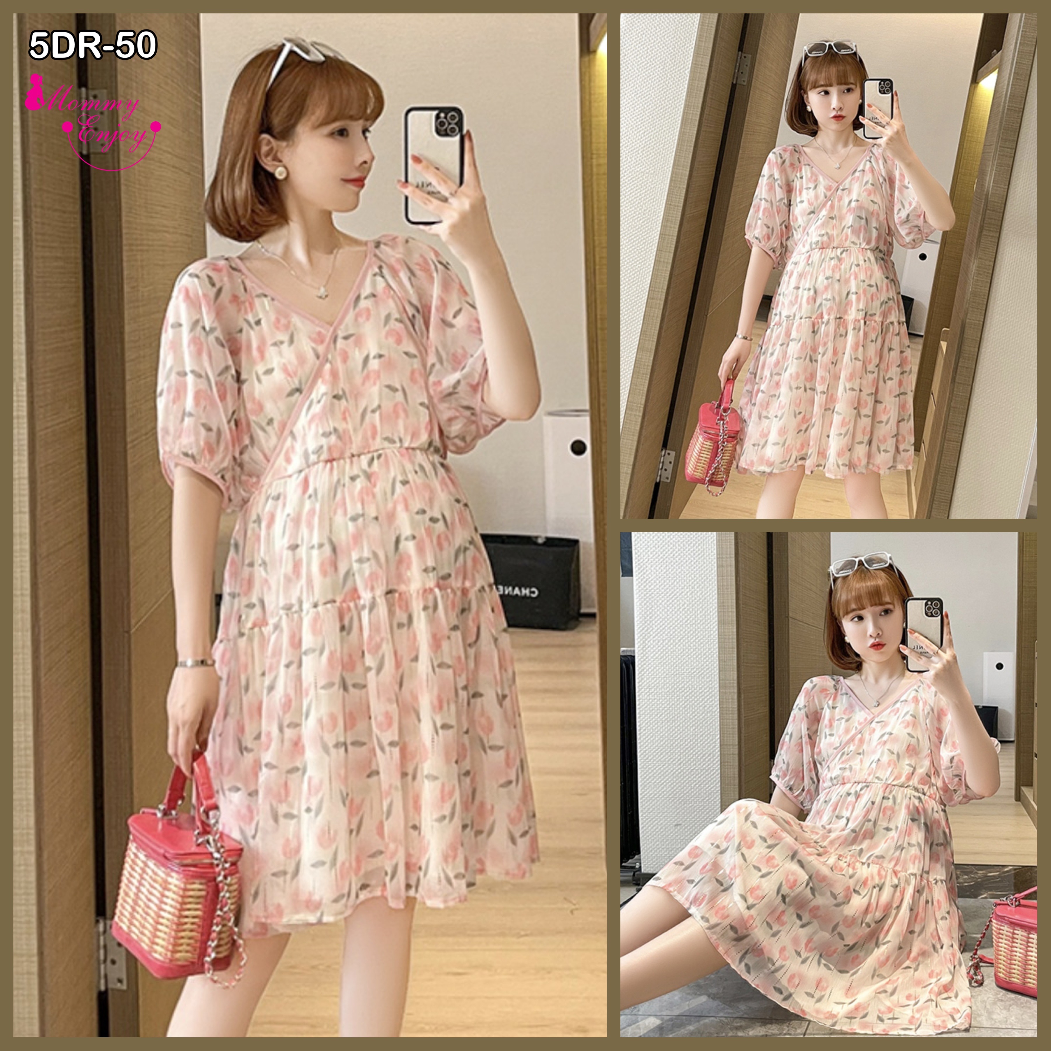 เดรสคลุมท้องแฟชั่นเกาหลี ผ้าชีฟอง ลายสวย เนื้อละเอียด เนื้อดี เปิดให้นมได้ น่ารักสดใสมากค่ะ M L XL XXL