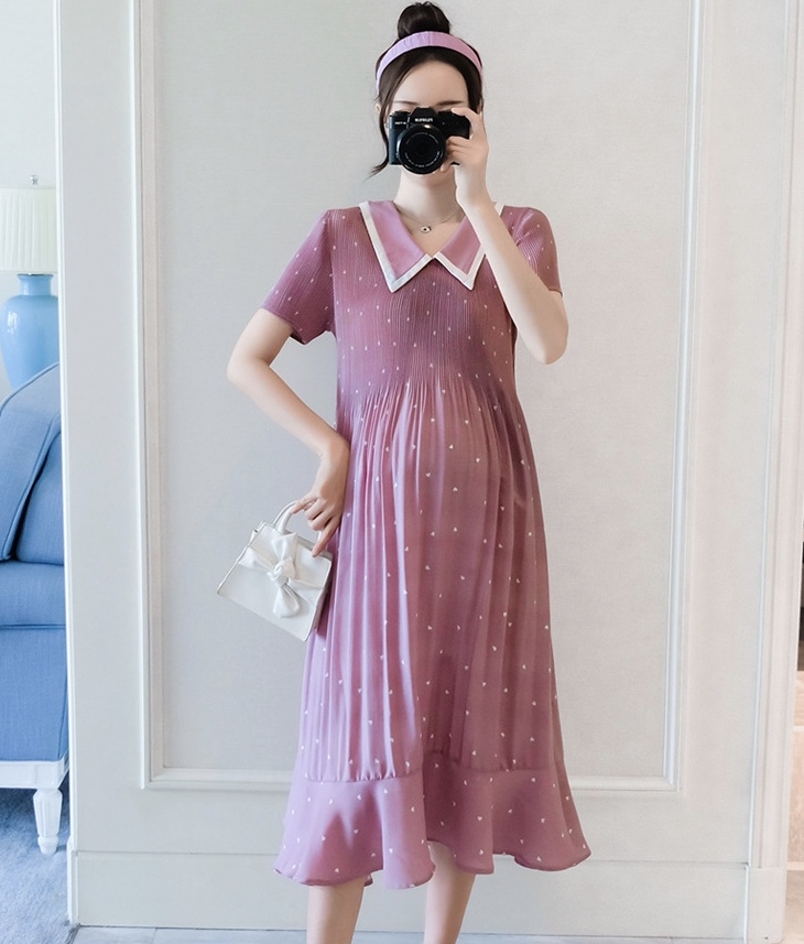 เดรสคลุมท้องแฟชั่น ผ้าชีฟองคอปก อัดพรีท มีซับใน ชุดยาว น่ารัก สีสวย M L XL XXL
