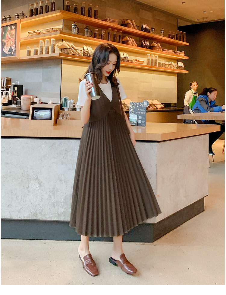 เอี๊ยมกระโปรงคลุมท้องยาว + เสื้อ ผ้ายืดทิ้งตัว ช่วงกระโปรงจีบรอบ M L XL XXL