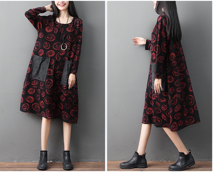 เดรสคลุมท้องสไตล์วินเทจแขนยาว ลายน่ารักชิคมาก กระเป๋าใหญ่ ใส่สบายสุดๆ M L XL,XXL สำเนา