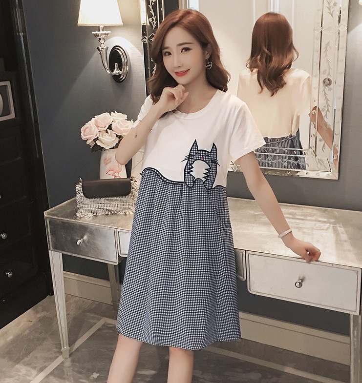 ชุดคลุมท้องเปิด แบบน่ารักลายแมวน้อย ช่วงบนผ้ายืด ด้านล่างเป็นฝ้าย มีเชือกปรับขนาดครรภ์ M,L,XL,XXL