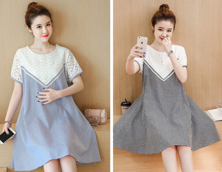 ชุดคลุมท้องแฟชั่น ด้านบนลูกไม้ ลำตัวลายเส้นฟ้า รอบท้องใหญ่ มีเชือกผูกปรับขนาดครรภ์ M,L,XL,XXL