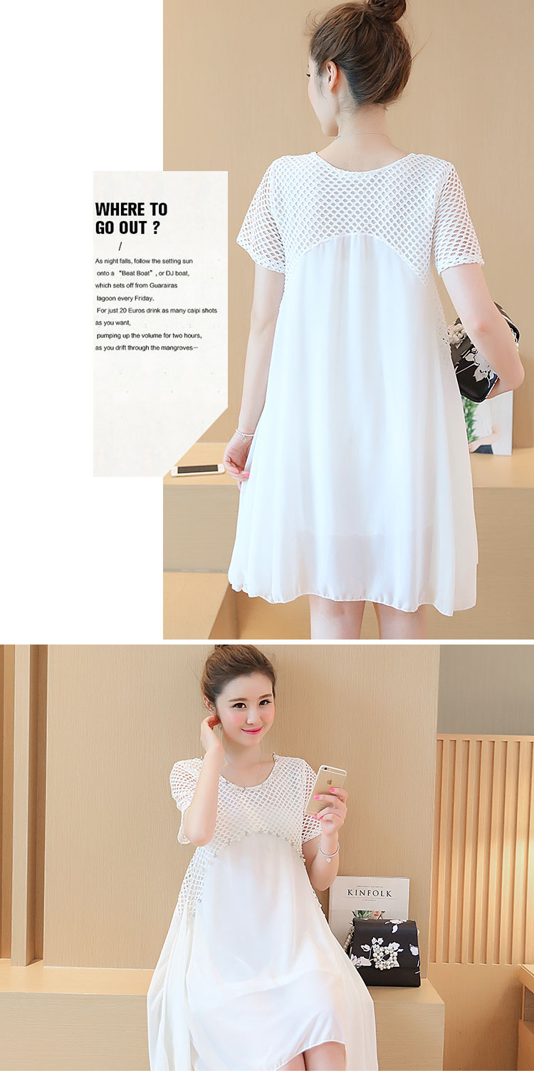 ชุดคลุมท้องผ้าฉลุสีขาว ประดับด้วยลูกปัดมุก ด้านล่างเป็นผ้าชีฟองเบาสบาย มีซับใน M,L,XL,XXL