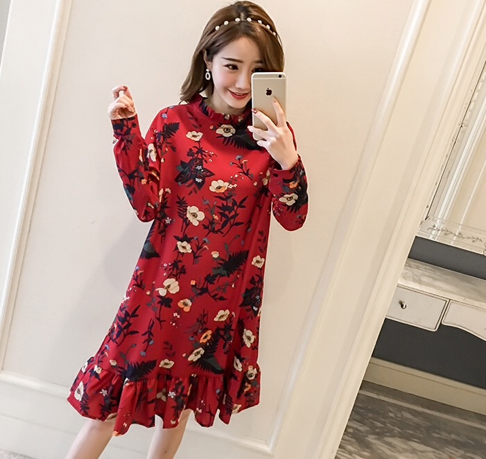 ชุดคลุมท้องแขนยาว ผ้าชีฟอง ลายดอกไม้น่ารัก ทำระบายที่คอและกระโปรง M L XL XXL