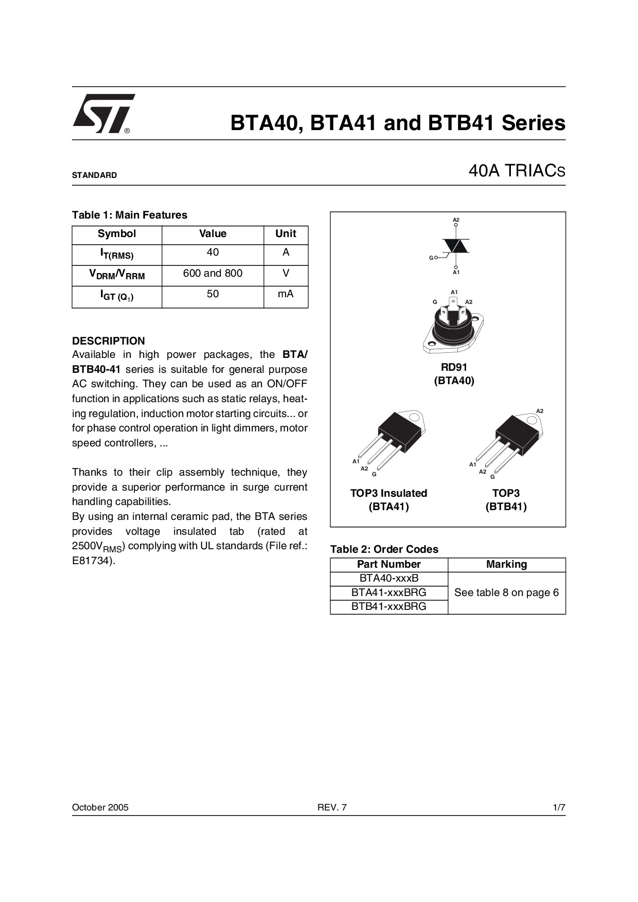 TRIAC BTA40-600B ST ไตรแอค 40A 600V Gate Trigger Current 100mA
