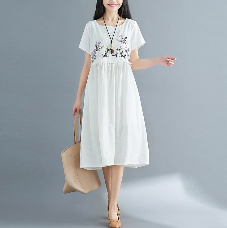 เดรสคนท้องแฟชั่นสไตล์ Retro ผ้าฝ้ายปักลายสวยน่ารัก ปรับขนาดได้ผูกข้าง M L XL,XXL