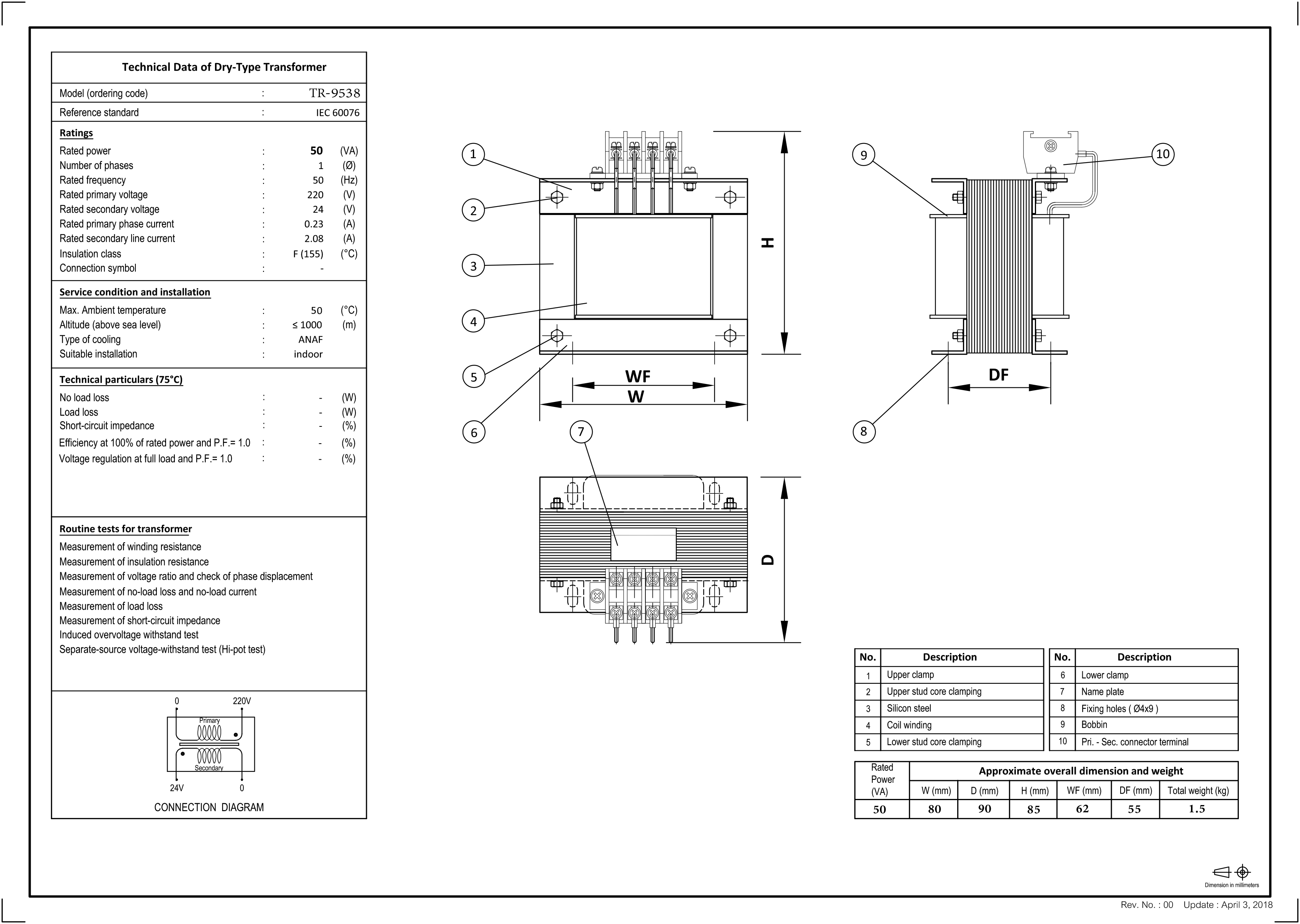 หม้อแปลง Input 0 220 VAC Output 0 24 VAC 50 VA