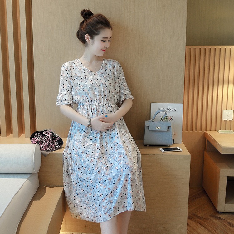 ชุดคลุมท้อง ทรงสวย ลายดอกไม้ ผ้าชีฟอง รอบท้องยืดตัว M,L,XL