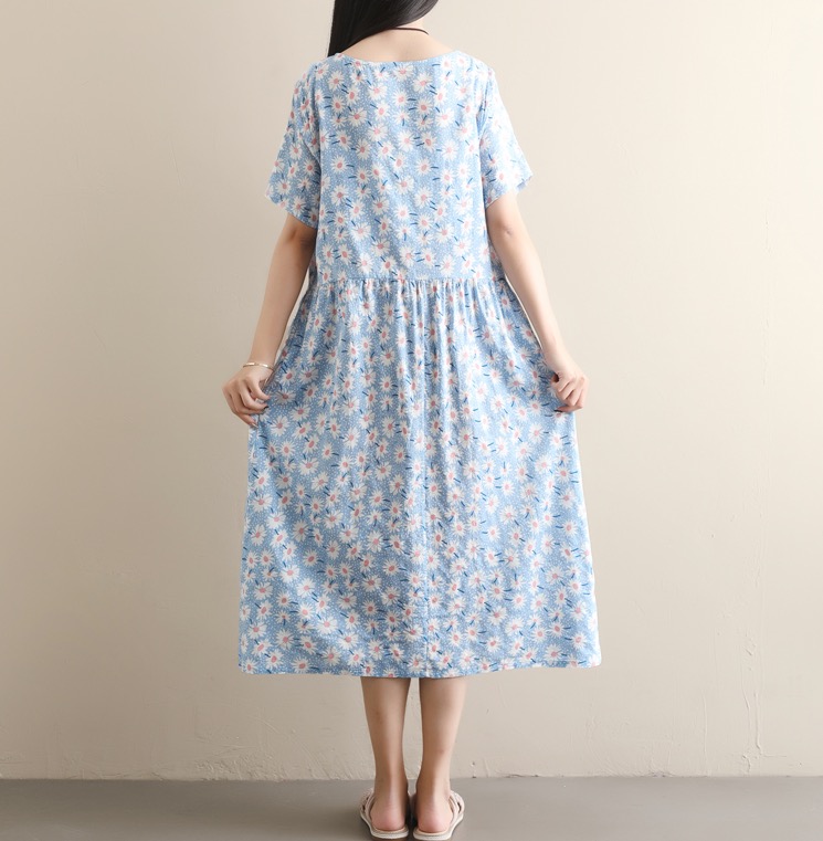 เดรสคลุมท้องแฟชั่น ผ้าลินิน ลายดอกน่ารัก ใส่สบาย มีกระเป๋าข้าง M L XL XXL