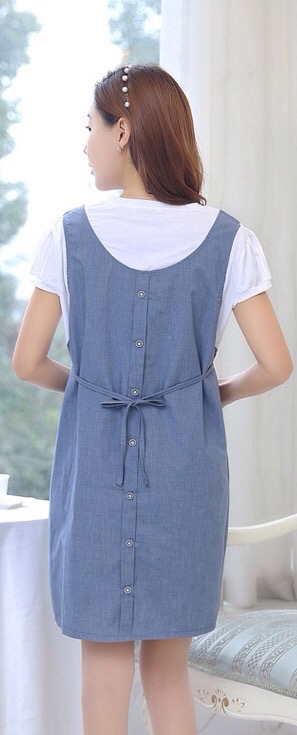 ชุดคลุมท้องแฟชั่น เอี๊ยมหลอก สีฟ้า มีโบว์น่ารักที่อก กระเป๋าข้างและเชือกปรับขนาด L,XL,2XL