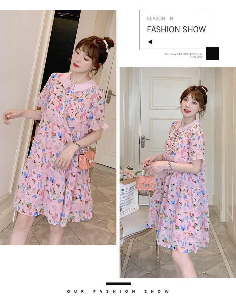 เดรสคลุมท้องแฟชั่นเกาหลี ผ้าชีฟอง แต่งระบาย กระดุมหน้าแกะได้ M L XL XXL