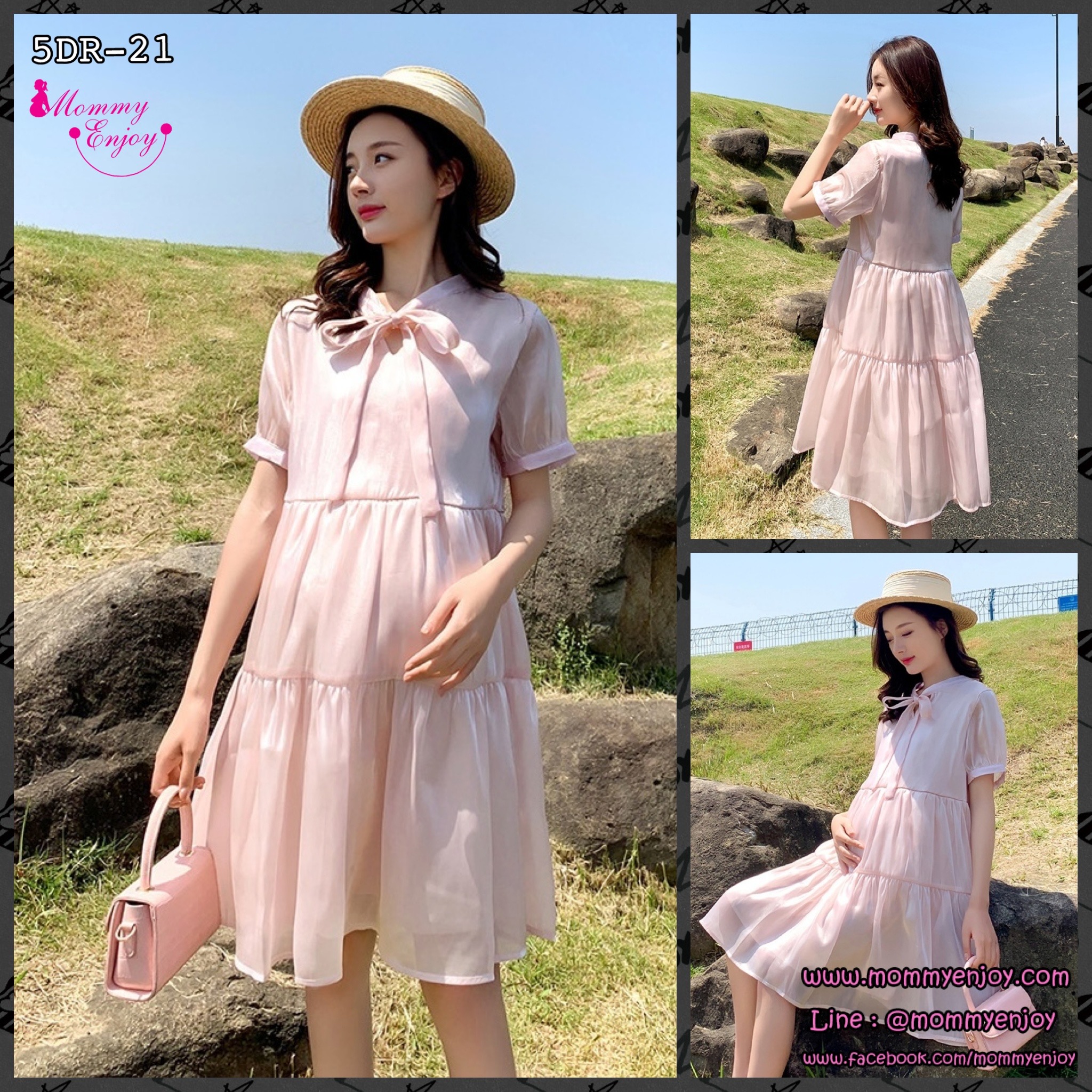 เดรสคลุมท้องแฟชั่นเกาหลี ผ้าไหมแก้ว เนื้อละเอียด มีซับใน ผูกโบว์ที่คอ M L XL XXL