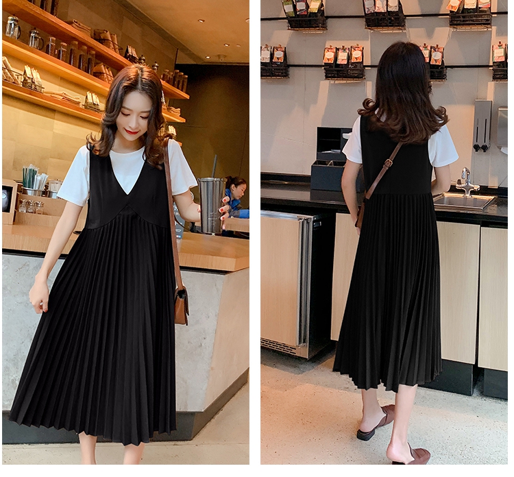 เอี๊ยมกระโปรงคลุมท้องยาว + เสื้อ ผ้ายืดทิ้งตัว ช่วงกระโปรงจีบรอบ M L XL XXL